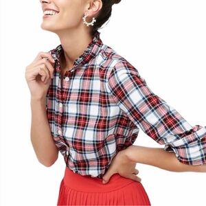 Women’s J. Crew Ruffle Neck Accent Holiday Plaid Tartan Button Down Top Xl